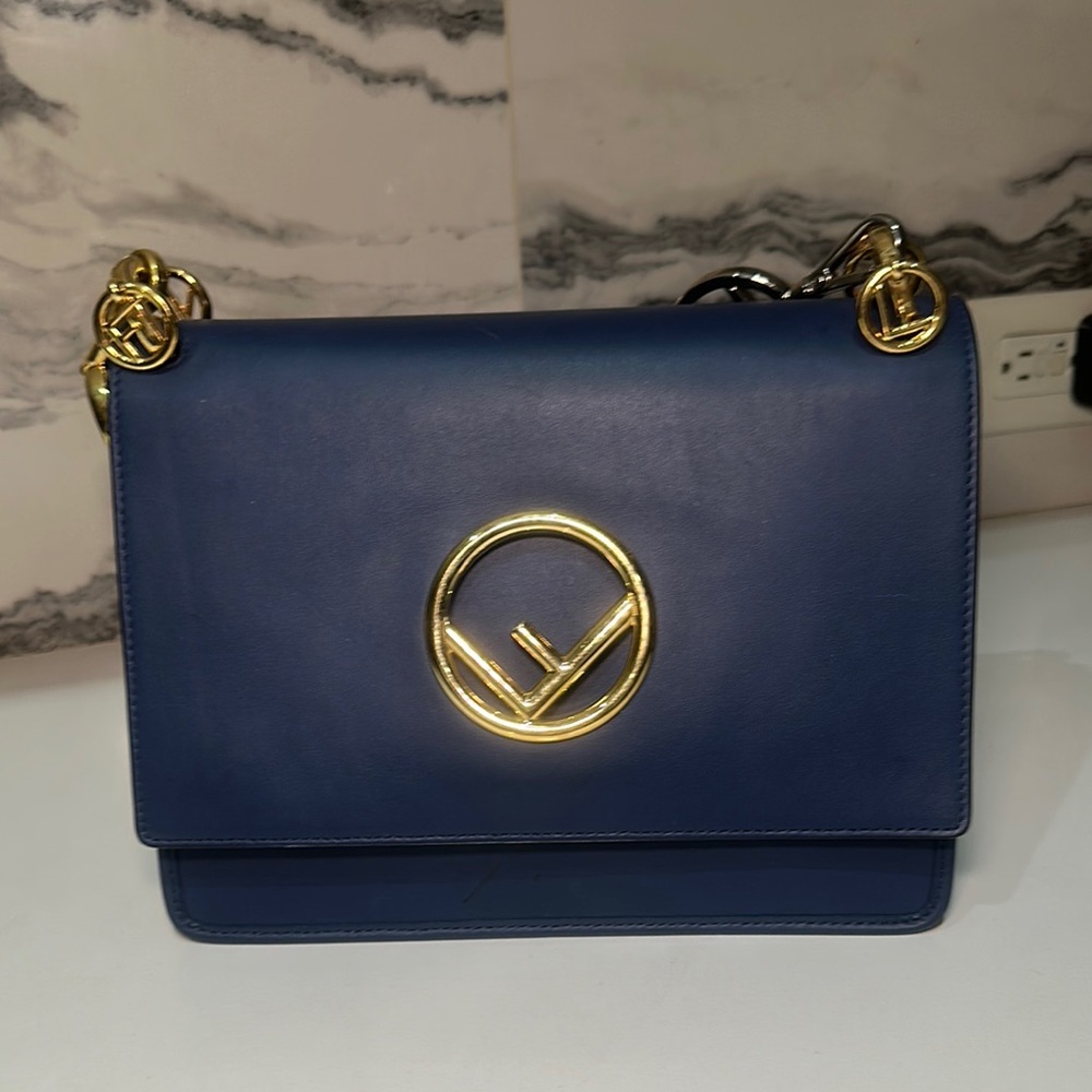 Fendi Blue and Gold Crossbody Bag with Iconic Logo